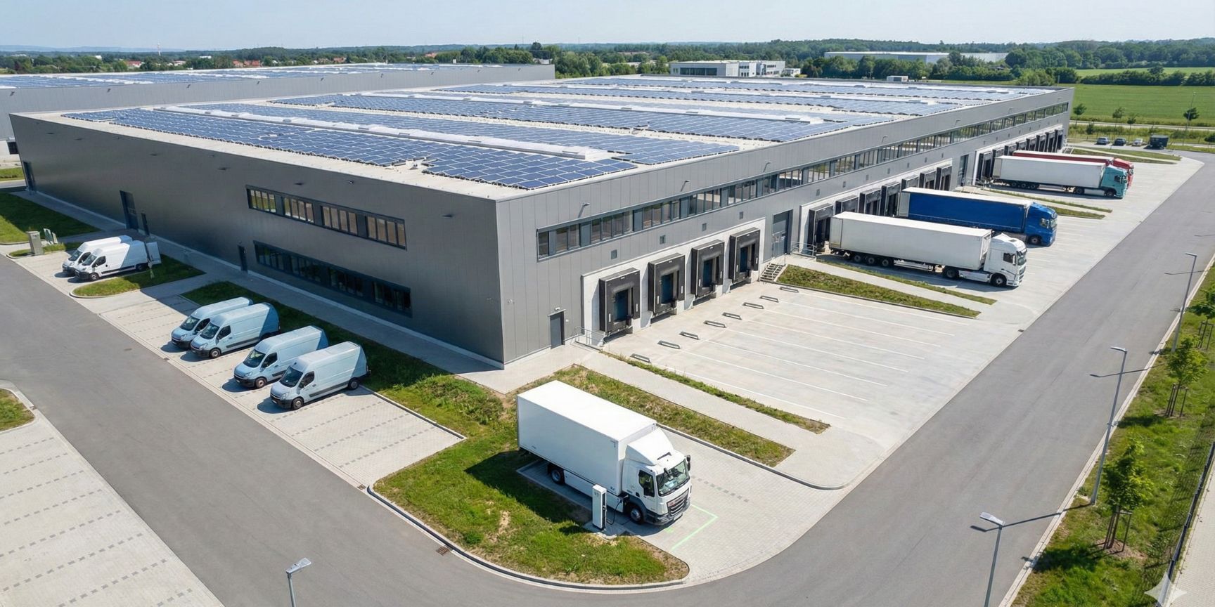 Luftaufnahme einer modernen Logistikimmobilie mit einer großen Solaranlage auf dem Dach. Mehrere LKW und Lieferwagen stehen an den Laderampen. Im Vordergrund lädt ein elektrischer Lastwagen an einer Ladesäule.